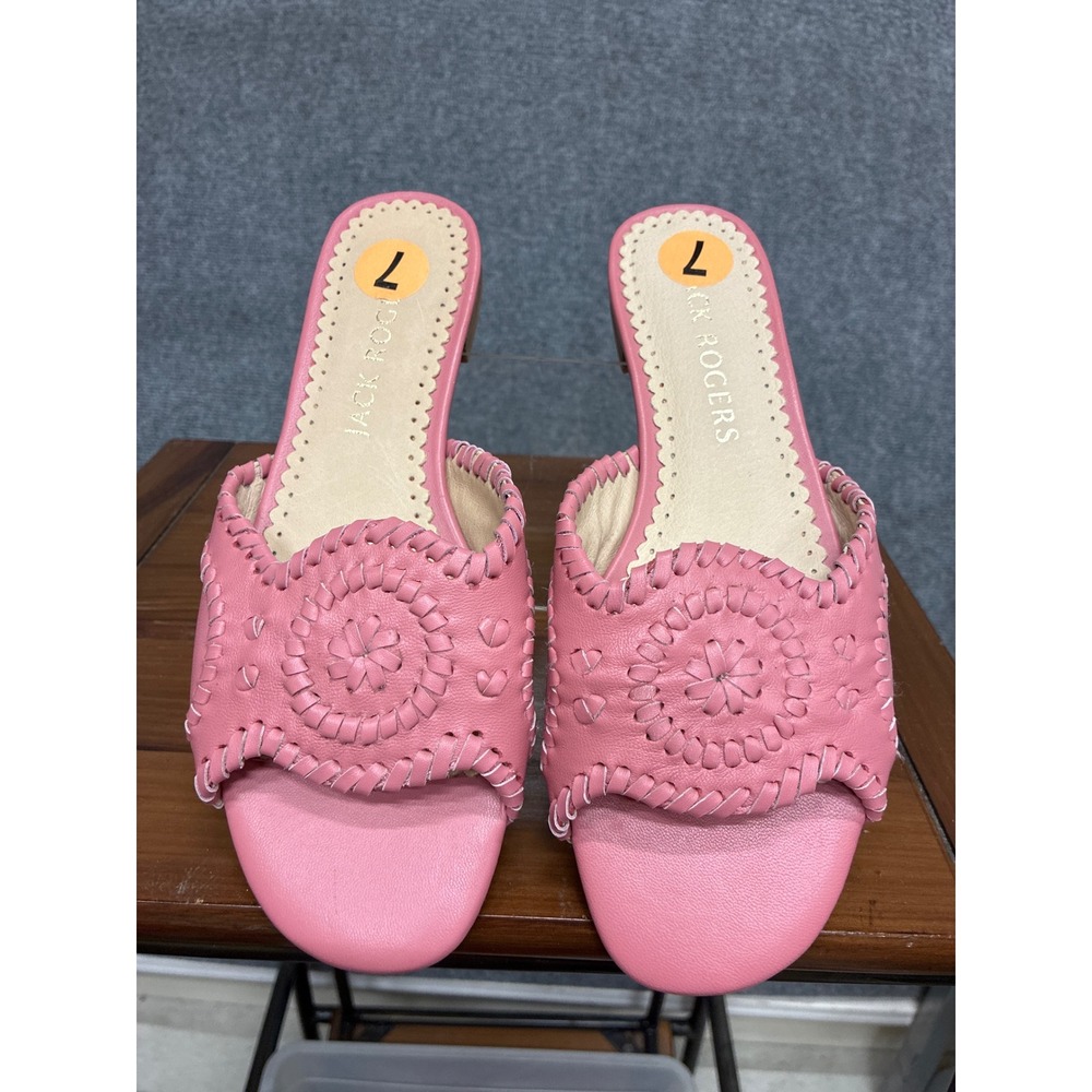 Jack Rogers New Flat Sandals Pink Leather Whipstitch Rondelle Slides Womens 7